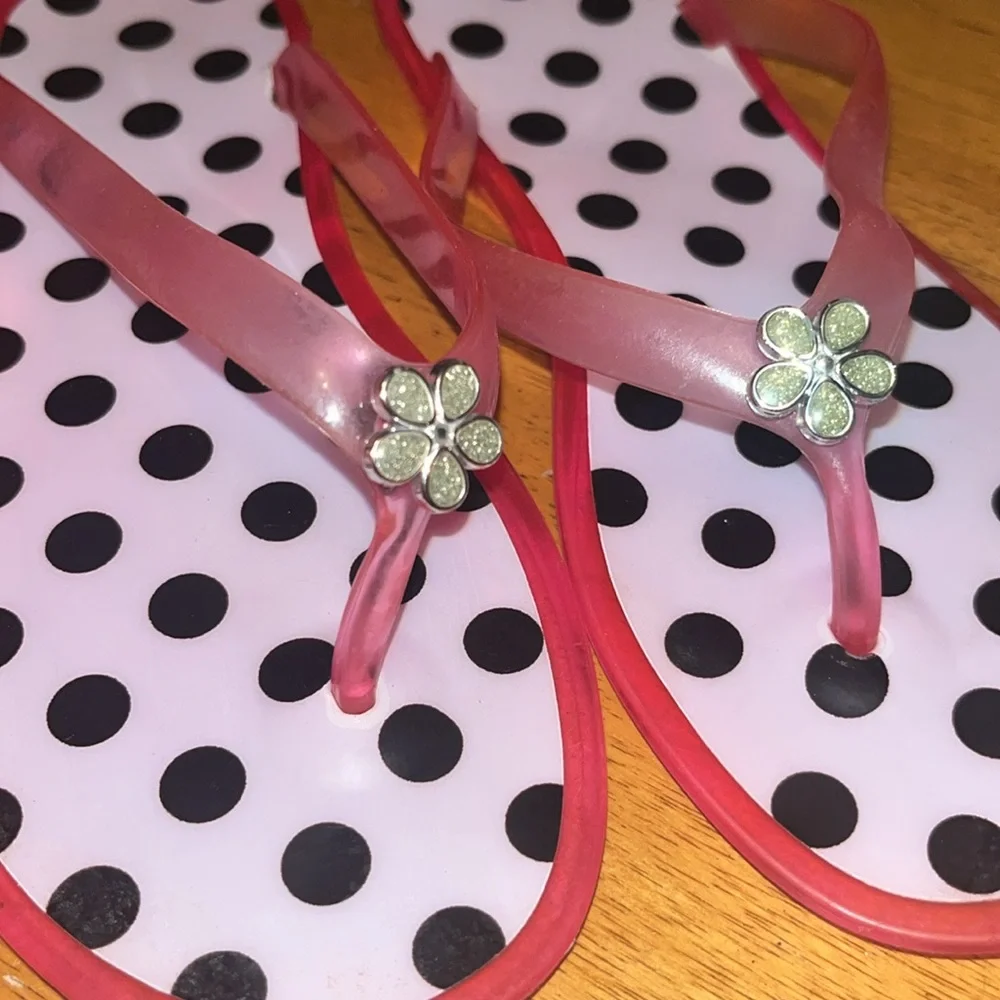Girls Flip Flops size 1-2 Pink Black White Polka Dot Gem Flower Accent 2 Pair